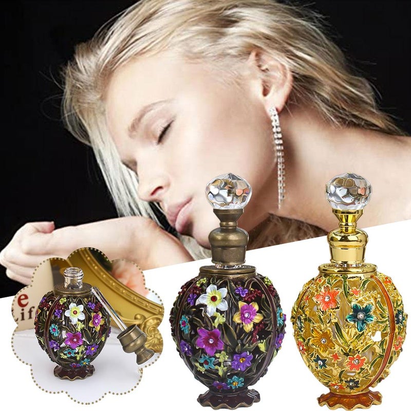 Vintage Refillable Empty Perfume Bottles,Enamel Painted Flower Perfume Bottle for Mom,Decorative Crystal Perfume Holder Container,Flowers Essential Oil Bottle for Living Room Decor - Image 2